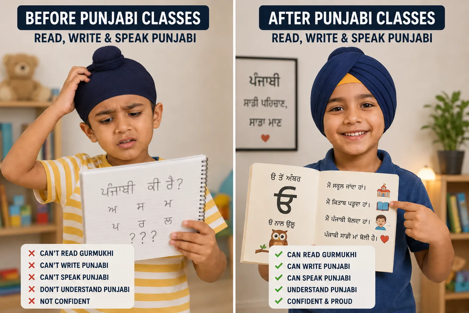 ਪੰਜਾਬੀ ਕਲਾਸਾਂ. ਪੰਜਾਬੀ ਪੜ੍ਹਨਾ, ਲਿਖਣਾ ਅਤੇ ਬੋਲਣਾ।